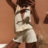 Purpdrank  Spring Casual Solid Knit 2 Piece Set Sexy Deep V Neck Vest Top And Shorts Outfit New Summer Beach Vacation Women's Suit Harajuku