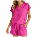 Purpdrank  Women Solid Color Two Piece Set V Neck Half Button Short Sleeve Top And High Waist Shorts With Pockets Soft Casual Office Suits