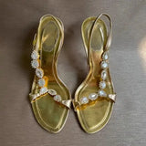 Purpdrank  Comfort Shoes for Women 2025 Summer Sandals Stiletto Heels Med Buckle Strap Espadrilles Platform Square Toe Rhinestone Gold Spri