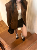 Purpdrank  Chic Vintage PU Leather Velvet Surface Long Sve Jaet ort Outerwear Women's Loose Suit Collar Autumn New Sle Commute