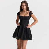 Purpdrank  Spring and Summer Dress Temperament Short Square Neck Suspender Skirt