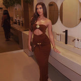 Purpdrank  Sexy Hollow Out Sheath Maxi Dress Women Elegant Sleeveless Backless Strapless Ribbon Ruched Night Club Party Long Dress Sundress