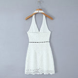 Purpdrank  White Embroidery Hollow Out Hole Lace Halter V Collar Backless Mini Dress Women Ribbon Bow Waist A-lined Short Dresses Robe