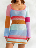 Purpdrank  Women Mini Bodycon Dress Cutout Knitted Contrast Color Stripe Long Sleeve Dress Spring Party Club Wrapped Hip Dress