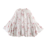 Purpdrank  Spring Summer White Pink Floral Print Flare Cuff Long Sleeve Pullover Shirt Women Bow O Collar Loose Short Blouses Femme Tops