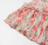 Purpdrank  Romantic Pink Floral Print Ruched Slash Shoulder Short Sleeve Chiffon Dress Women Elastic Body Ruffles Hem Mini Dresses Vestidos