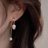 2024 New Korean Elegant Irregular Pink Tulip Long Tassel Earrings For Women Fashion Imitation Pearl Jewelry Gifts