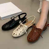 Purpdrank  Retro Hollow Lace-up Low Heel Pumps Women Fashion Roman Style Brand Designer Shoes Comfortable Round Toe Back Strap Casual Shoes