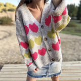 Purpdrank  Vintage Harajuku Autumn/Winter Coat Women's Knit Cardigan Soft Sweet Heart Print V-neck Single-breasted Long-sleeved Top Trendy