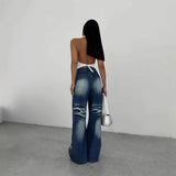 Purpdrank  Fashionable Whitewashed Design Style Girl's Denim Pants - Vintage High Street Long Length Frayed Floor-length Pants