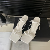 Purpdrank  Riband Beige Heeled Sandals 2025 Summer Ankle Strap Cross Open Toe Women's Low Shoes Black Sexy High Peep Low-heeled Girls Comfo