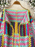 Purpdrank  Multicolor Crochet Cardigan Women Sheer Openwork Patchwork Knit Open Front Sweater Jacket  Boho Beach Vacation Festival Outfit