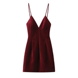 Purpdrank  Red Velvet Halter Short Dress Velvety V-Neck Fashion Sleeveless Elegant Waist Cinching French Dress Party Gown Women's Clothing