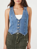 Purpdrank  Denim Vest For Women Sleeveless Button Vest Solid Slim Outwear For Women Spring Autumn Casual Denim Crop Tops