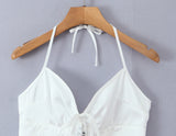 Purpdrank  Sexy White Satin Bow Halter V neck Open Hook Buttons Slim Tank Top Women Cross Lacing Up Bandage Back Backless Tee Summer Vest