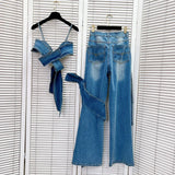Purpdrank  Sexy Bowknot Vintage Denim Two Piece Women Pants Outfit 2025 Fashion Strapless Cropped Top and Wige Leg Straight Jeans Pant Sets