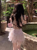 Purpdrank  Korean Sweet Spicy Girl 2 Piece Set Women Print Lace Patchwork Tops + Mini Skirt Female Retro Slim Hottie Elegant Outfits Summer