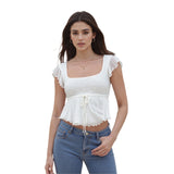 Purpdrank  Women's Summer Chic Jacquard Trendy Shirts Square-Neck Tie Bow Front T-Shirt Cropped Tops Streetwear