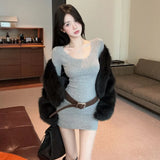 Purpdrank  Autumn Winter New Pure Desire One-shoulder Exposed Collarbone Slim Hip-hugging Dress Comes with Belt