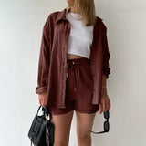 Purpdrank  Summer Cotton Linen High Waist Shirt Shorts Women Turn Down Collar Long Sleeve Tops and Shorts Suit Cotton Casual Two Piece Sets