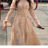 Purpdrank  Floral Print Summer New Women's Dress Gentle Square Collar Pleated Waist Slimming Bubble Sleeve Dresses Fashionable Casual