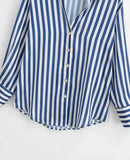 Purpdrank  CHIC Autumn Lapel Blue White Striped Print Bright Satin Shirt Women Single-Breasted Buttons Full Sleeve Loose Blouses Tops