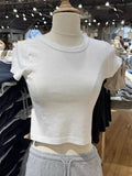 Purpdrank  Women Solid Vintage Slim T-shirts Cute Sweet Round Neck Short Sleeve Cotton Y2k Crop Top Harajuku Summer Basic Casual Tees Tops