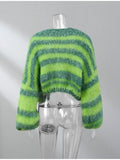 Purpdrank - Colorful Strip Knitted Oversized Long Sleeve Crop Cardigans Women Loose Elegant Open Front Sweaters Autumn Chic High Streetwears