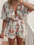 Purpdrank  Women Deep V-Neck Loose Rompers Floral Print Short Puff Sleeve Summer Jumpsuits High Waist Playsuits Streetwear
