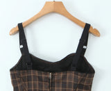 Purpdrank  Sexy Ruched Wire Bra Coffee Plaid Camis Women Spliced Black Mesh Waist Back Zipper Crop Top Camisoles Bra Tank Vest