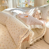 Purpdrank  Korean Princess Style Floral Prints Ruffles Bedding Set Double Layer Yarn 100% Cotton Duvet Cover Pillowcases Bed Sheet 4Pcs