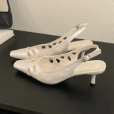 Purpdrank  Elegant White Hollow Heels for Women Fashion Square Toe Buckle Mule Shoes Luxury Brand Designer Pumps Comfort office formal shoe
