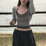 Purpdrank  Harajuku Fake Two Pieces Stripe T-shirts Y2k Aesthetic Casual Halter Cropped Tshirts Autumn Women Patchwork Grunge Bodycon Tops