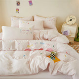Purpdrank  Pink Bedding Sets Solid Color Washed Cotton Home Girls Bedroom Decor Duvet Cover Pillowcase Bedspread Embroidery Four Piece Set