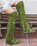 Purpdrank - Mujer Fashion Bohemia Knee-length Women Boots Ethnic Personality High Boots Tassels Faux Suede Boots Girl Flat Bottom Long Botas