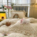 Purpdrank  French Floral Lace Ruffles Bedding Set Double Layer Yarn Pure Cotton Duvet Cover Set Pillowcases With Flat/Fitted Bed Sheet 4Pcs