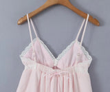 Purpdrank  Sexy Pink Spliced Embroidery Lace Deep V neck Mini Sling Dress Women Adjust Bow Ribbon Back Backless Party Robe Holiday