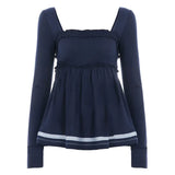 Purpdrank  French ins sweet Square Collar long sleeve lace up solid all match patchwork T-Shirts