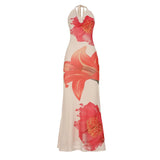 Purpdrank  Summer Fashion Sheer Mesh Floral Print Long Dress Women Sexy Halter Swinging Collar Sleeveless Backless Holiday Maxi Dress