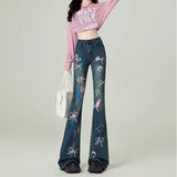 Purpdrank  Graphic With Print Flare Trousers Pattern Womens Flared Jeans High Waist Shot Fitted Trend 2025 Unique R Z Denim Pants for Women
