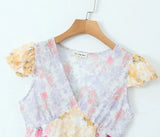 Purpdrank  Retro French style Contrast Color Flower Print V neck Mini Dress Sexy Short Flying Sleeve Ruffles Hem Slim Waist Robe