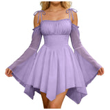 Purpdrank  Women's Boho Off Shoulder Tie Strap Mini Dress Bell Sleeve Asymmetrical Hem Corset Waist Gothic Dress Fairy Club Party Dresses