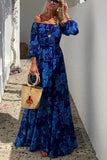 Purpdrank  Vintage Pattern Print Long Dress Women Sexy Off Shoulder Long Sleeve Party Dress Fashion Waist Pleat Loose Hem Beach Dress