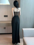 Sexy Black Mesh Patchwork Strapless Corset Maxi DressesWomen 2024 Summer Sleeveless Bodycon Split See Through Party Club Dress