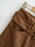 Purpdrank  New Autumn Sexy With Buckle Belt High Waist Suede Pencil Skirt for Women Above Knee Length Package Hips Front Slit Skirts Khaki