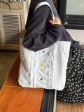 Purpdrank  Korean Lace Pleated Tote Bag Women's Large Capacity Shoulder Commuting Colorful Button Decoration Canvas Bags
