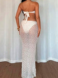 Purpdrank  Sexy Beach Vacation Two Piece Womens Sheer Lace Dress Sets Summer Fashion Starfish Sequined Tube Top and Long Skirts Outfit