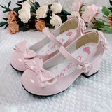Purpdrank  Lolita Style Cute Round Head  Jane Pumps With Bow Women's Sweet Party Dress Midi Heels Shoes Fashion PU Sandals