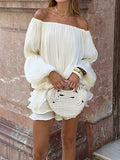Purpdrank  Fashion Temperament Hight Waist Short Dress Casual Draped Solid Ruffle Mini Dress Women's Elegant Off Shoulder Long Sleeve Dress