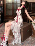 Purpdrank  Fashion Sweet and Spicy Beach Vacation Princess Chiffon Lace Up Long Dress French Fragmented Flower Waist Irregular Sling Dress